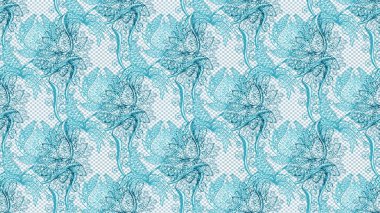 Varicoloblue, nötr ve beyaz raster çizimi. Bir sürü mavi, nötr ve beyaz çiçekli tropik eskiz deseni. Küçük çiçekte sevimli çiçek deseni var..