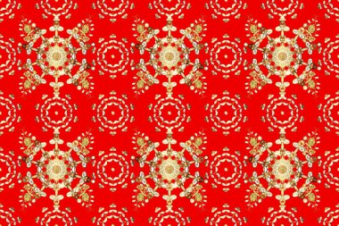 Damask arkaplanı tekerrür ediyor. Barok tarzında altın çiçek süsü. Kırmızı, bej ve nötr renklerde altın element. Antika altın tekrarlanabilir duvar kağıdı.