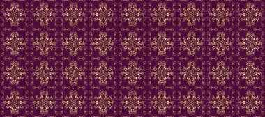 Altın rengi, kusursuz çizim. Raster geometrik arka plan. Senin tasarımın için, duvar kağıdı. Mor ve kahverengi renklerde altın desenli altın çiçekli elementler.