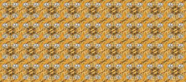 Sarı, kahverengi ve bej renklerde altın element. Damask pürüzsüz yineleme kalıbı. Barok tarzında altın çiçekli süs. Antika altın tekrarlanabilir duvar kağıdı.