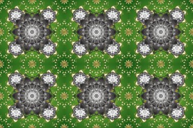 Paisleys zarif çiçek desenli arkaplan duvar kâğıdı çizimi. Klasik stil, güzel, modern, üç boyutlu sanat eseri. Altın ve yeşil, gri, desensiz çiçek yaprakları ve süslemeleri..