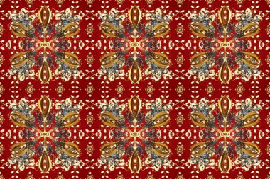 Kırmızı, kahverengi ve bej renklerdeki altın desenli altın elementler. Geleneksel oryantasyon süsü. Klasik klasik klasik arka plan. Kusursuz klasik raster altın desenli.