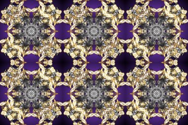 Geleneksel oryantasyon süsü. Gri, bej ve mor renklerde altın elementlerle kusursuz desen. Kusursuz klasik raster altın desenli. Klasik vintage arkaplan.