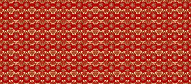 Damask arkaplanı tekerrür ediyor. Antika altın tekrarlanabilir duvar kağıdı. Barok tarzında altın çiçek süsü. Bej, kahverengi ve kırmızı renklerde altın element.