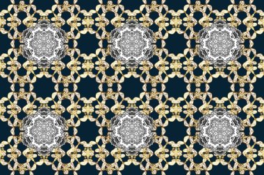 Barok tarzında altın çiçek süsü. Gri, mavi ve bej renklerde altın element. Damask arkaplanı tekerrür ediyor. Antika altın tekrarlanabilir duvar kağıdı.