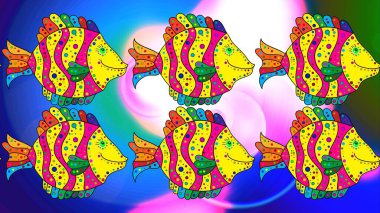 Tekrarlayan ve değişen bileşenlerin renkli görüntüsü. Mavi, sarı ve yeşil renkte balıklar. Dekoratif süs. Soyut Raster çizimi. Balıklarla eskiz kalıbı. Raster illüstrasyonu.