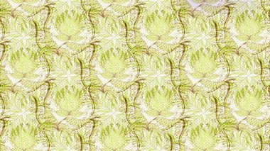 Bej, nötr ve sarı renkte etnik çiçeklerle süslenmiş zarif bir eskiz deseni. Raster Çiçek İllüstrasyon Şirin Tekstil.