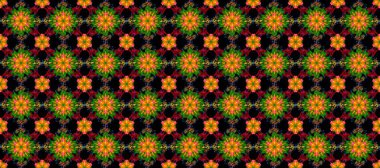 Tekrarlayan çiçek arkaplanı, zarif turuncu, siyah ve yeşil çiçek duvar kağıdı. Çiçek desenleri turuncu, siyah ve yeşil renklerde, el yapımı papatyalar, papatyalar.