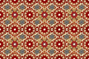 Doku arka planında altın duvar kâğıdı. Kırmızı, bej ve kahverengi renklerde altın element. Damask kusursuz yinelenen arkaplan. Barok tarzında altın çiçekli süs..