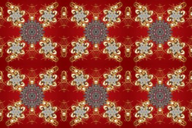 Kırmızı, kahverengi ve bej renkli desen. Kına dövmeli süs çiçekleri, altın çıkartmalar, mehndi ve yoga tasarımı, kartlar ve parmak izleri. Raster altın mehndi kusursuz desen.