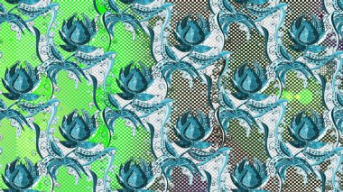 Çiçek desenli arka plan, yaz çiçekleri. Mavi, yeşil ve nötr renklerde çiçekler. Renkli Bahar Teması el yapısı arka plan. Düz Çiçek Elementleri Tasarımı.