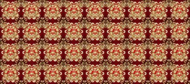 Raster illüstrasyonu. Kırmızı ve kahverengi renklerde ve altın elementlerle klasik, pürüzsüz desen.