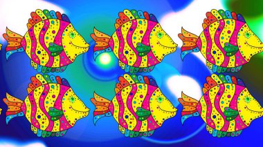 Robot resim. Şık kıyafetler, tişört tasarımı. Raster. Nakışlı deniz yaşamı, deniz kabukları, tropikal balıklar. Klasik nakış, tropikal deniz, dalga, balık, taslak moda deseni..