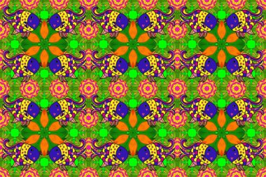 Düz Çiçek Elementleri Tasarımı. Renkli Yaz Temalı Kusursuz Arkaplan. Raster çiçekli arka plan. Güzel, pürüzsüz bir desen. Güzel kumaş deseni. Yazdır.