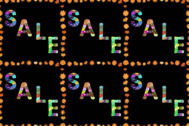 Mektup. Kusursuz desen. Turuncu, yeşil ve siyah renkli resim. Klasik stil indirimli tabela tasarımı.