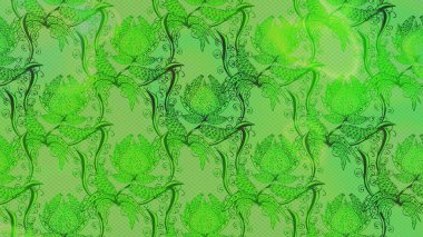 Hediye ambalaj kağıdı, tebrik kartları, posterler ve pankart tasarımı. Raster düz çiçek çizim deseni. Yeşil, nötr ve gri renkte çiçekler.