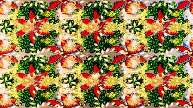 Parlak renkli çiçekleri ve sarı, bej ve siyah renkte yaprakları olan harika bir çiçek deseni. Moda baskıları için zarif bir şablon. Modern çiçek arkaplanı. Halk stili.