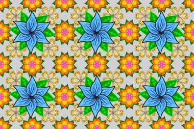 Gri, sarı ve mavi renkli şirin çiçek desenleri. Renkli Bahar Temalı Kusursuz Arkaplan. Düz Çiçek Elementleri Tasarımı. Raster Modaya uygun kumaş deseni.