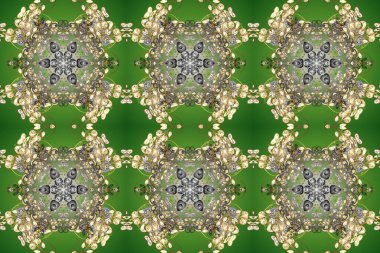 Kusursuz oryantal klasik altın desen. Yeşil, gri ve bej renklerde altın yinelenen elementler içeren Raster soyut arka planı.