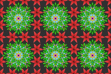 Raster illüstrasyonu. Renkli desenli, gri, kırmızı ve yeşil çiçekli ve dekoratif elementli kusursuz desen. Kusursuz bir geçmişi var. Kumaş, tekstil, duvar kağıdı baskısı için. Antika retro tarzı.