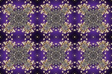 Mor, gri ve kahverengi renklerde altın element. Damask kusursuz yinelenen arkaplan. Barok tarzında altın çiçekli süs. Doku arkaplanı üzerine altın duvar kağıdı.