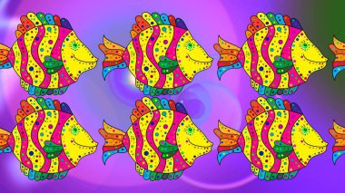 Raster illustration. Sketch. Cute fish. Fishes on violet, yellow and magenta. Kids background. Handdrawn. clipart