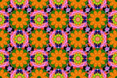 Raster illüstrasyonu. Yeşil, pembe ve turuncu papatyalardan oluşan yeşil, pembe ve turuncu renkli bir desen. Yeşil, pembe ve turuncu renklerde.