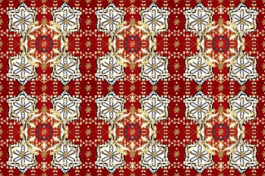Düz elle çizilmiş klasik koleksiyon. Kırmızı, bej ve kahverengi renklerde altın desenli altın elementler. Arkaplan, kumaş, altın duvar kağıdı. Raster altın pürüzsüz desen.