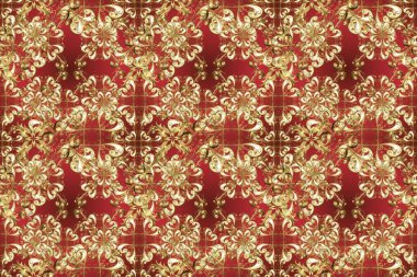 Duvar kâğıdı barok, İspanyol kumaşı. Çiçek deseni. Şık bir grafik desen. Kusursuz raster arka plan. Kahverengi, bej ve kırmızı renklerde altın elementler.