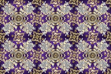 Doğu tarzında klasik tasarım öğesi. Geleneksel Arap dekoru menekşe, gri, bej renkler. Süslü dantel. Duvar kâğıdı için altın süslü bir illüstrasyon. Çiçekli süslemeli, pürüzsüz bir desen.