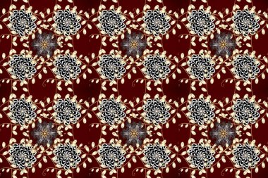 Gri, kırmızı ve kahverengi renklerde, altın elementlerle kusursuz klasik desen. Noel, kar tanesi, yeni yıl 2025.