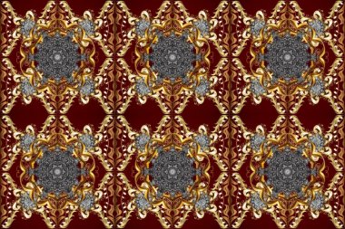 Gri, kırmızı ve kahverengi renklerde, altın elementlerle kusursuz klasik desen. Noel, kar tanesi, yeni yıl 2025.