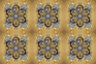 Bej, gri ve kahverengi renklerde altın element. Doğu tarzı element. Davetiyeler, kartlar, web sayfası için Raster illüstrasyon. Altın desenli çiçek dekoru. Çizgi sanatı tasarım şablonu için sınırsız sınır.