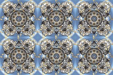 Altın desenli gri, mavi ve nötr renklerde altın çiçekli elementler. Senin tasarımın için, duvar kağıdı. Raster geometrik arka plan. Altın rengi kusursuz illüstrasyon.