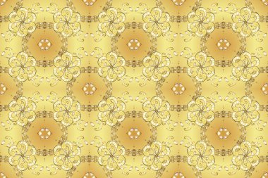 Barok tarzında duvar kağıdı tasarımı için kusursuz damaske deseni arkaplanı. Süslü raster dekorasyonu. Altın desenli sarı, bej ve nötr altın elementlerle.