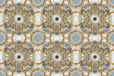Gri, bej ve kahverengi renklerde, altın rengi soyut desenli çiçek deseni. Raster illüstrasyonu. Süsleme.