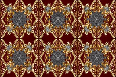 Gri, kırmızı ve kahverengi renklerde, altın elementlerle kusursuz klasik desen. Noel, kar tanesi, yeni yıl 2025.