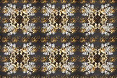 Paisleys zarif çiçek desenli arkaplan duvar kâğıdı çizimi. Klasik stil, güzel, modern, üç boyutlu sanat eseri. Altın, gri, kahverengi ve bej desenli desenli çiçek yaprakları ve süslemeleri..