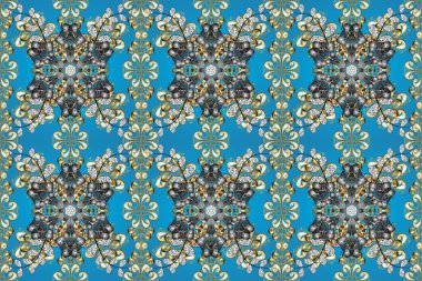 Çiçek kiremitleri. İslam tasarımı. Raster altın tekstil baskısı. Kusursuz desenli oryantal süs. Altın desenli mavi, gri ve nötr altın elementlerle.