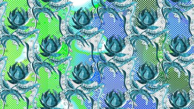 Sevimli çiçek raster deseni. Mavi, yeşil ve nötr renklerde çiçekler. Renkli Bahar Teması el yapısı arka plan. Düz Çiçek Elementleri Tasarımı.