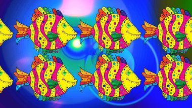 Farklı balık türlerinden. Mavi, sarı ve morumsu renklerde şirin balıklar. Tatlı su balığı seti. Robot resim. Raster illüstrasyonu.