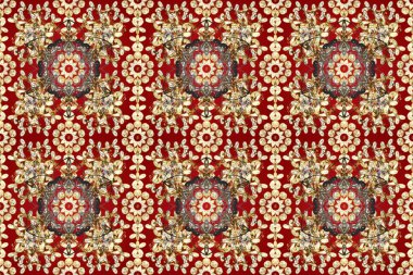 Şam, tasarım için kusursuz desen. Bej, kırmızı ve kahverengi renklerde, altın elementli, pürüzsüz desen.