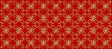 Kusursuz kraliyet lüksü, altın barok kumaş rengi. Kırmızı ve kahverengi renklerde altın antika ortaçağ dekoratifi, yaprakları ve altın desenli süslemeleri olan dikişsiz bir şablon..