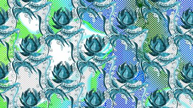 Raster illüstrasyonunda el çiçeği deseni. Çiçekler mavi, nötr ve yeşil renklerde suluboya tarzında.