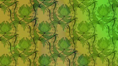 Raster illüstrasyonundaki çiçek desenli çizim. Düz Çiçek Elementleri Tasarımı. Renkli Bahar Teması eskiz kalıbı. Yeşil, sarı ve kahverengi renkte çiçekler.