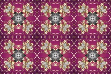 Altın antika ortaçağ dekoratifi, yaprakları ve mor, bej ve gri renkte altın desenli süslemeleri olan pürüzsüz bir desen. Kusursuz kraliyet lüksü, altın barok kumaş rengi..