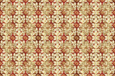 Altın antika ortaçağ dekoratifi, yapraklar ve bej, kahverengi ve nötr renklerde altın desenli süslemeleri olan pürüzsüz bir desen. Kusursuz kraliyet lüksü, altın barok kumaş rengi..