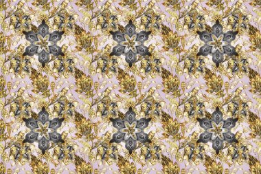 Altın elementlerle bej, nötr ve gri renklerde kusursuz desen. Kusursuz altın desen. Raster doğulu süsü.