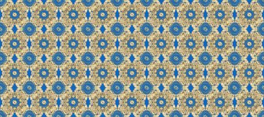 Duvar kâğıdı için altın süslü bir illüstrasyon. Doğu tarzında klasik tasarım öğesi. Geleneksel Arap dekoru bej, mavi renkler. Çiçekli süslemeli, pürüzsüz bir desen. Süslü dantel iz sürücü