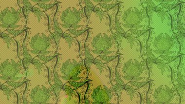 Eski usul. Eskiz geçmişi. Raster skeci. Kumaş, tekstil, duvar kağıdı baskısı için. Renkli desenli eskiz deseni, yeşil, sarı ve nötr çiçekler ve dekoratif elementler.